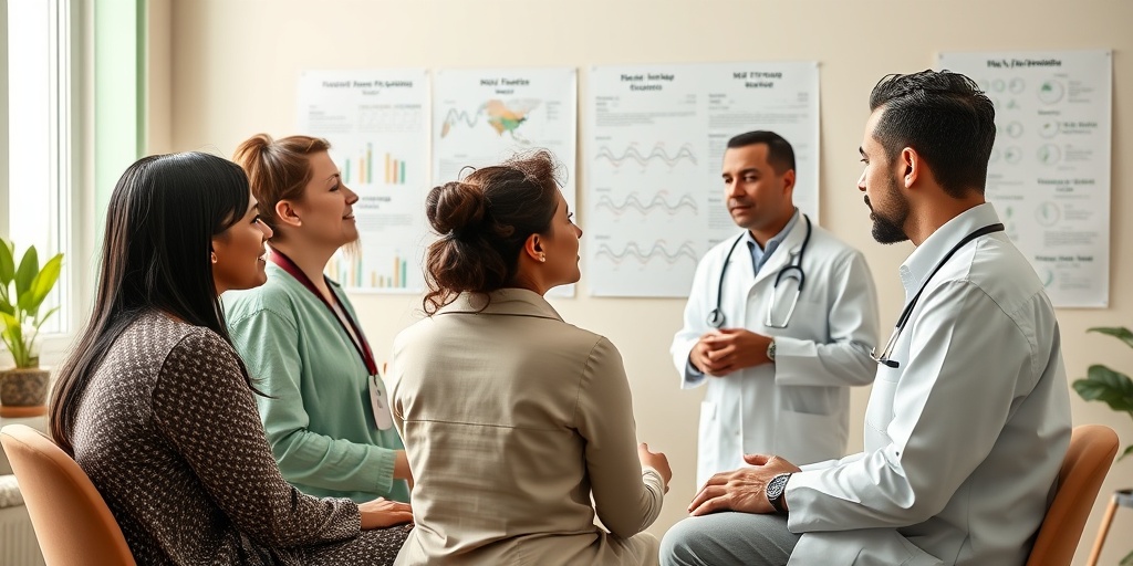 Diverse individuals discuss KTW Syndrome risk factors in a community health setting, surrounded by charts and supportive healthcare professionals.3.png