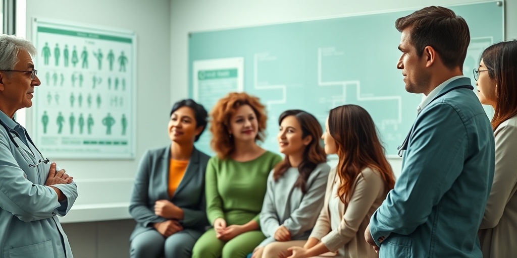 Diverse individuals discuss Tuberous Sclerosis risk factors with a healthcare professional in a welcoming clinical setting.  3.png
