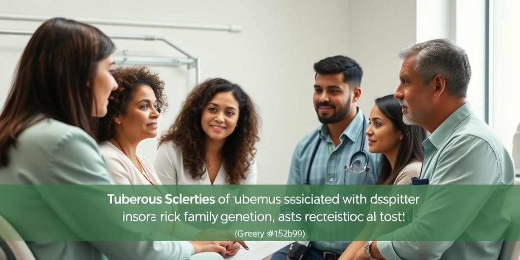 Diverse individuals discussing Tuberous Sclerosis risk factors in a clinical setting, conveying seriousness and support. 3.png
