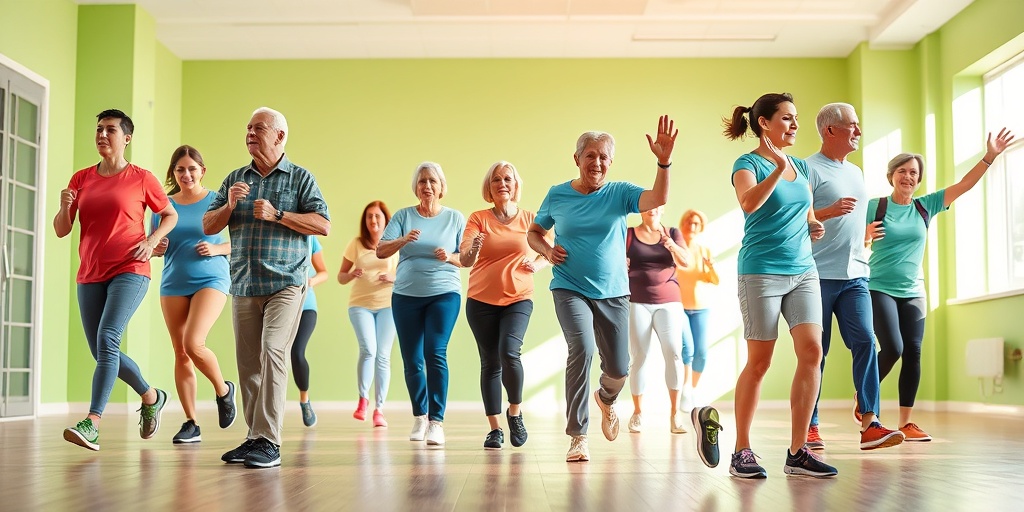Diverse individuals engage in various COPD-friendly exercises in a bright gym, promoting community support and healthy living.  3.png