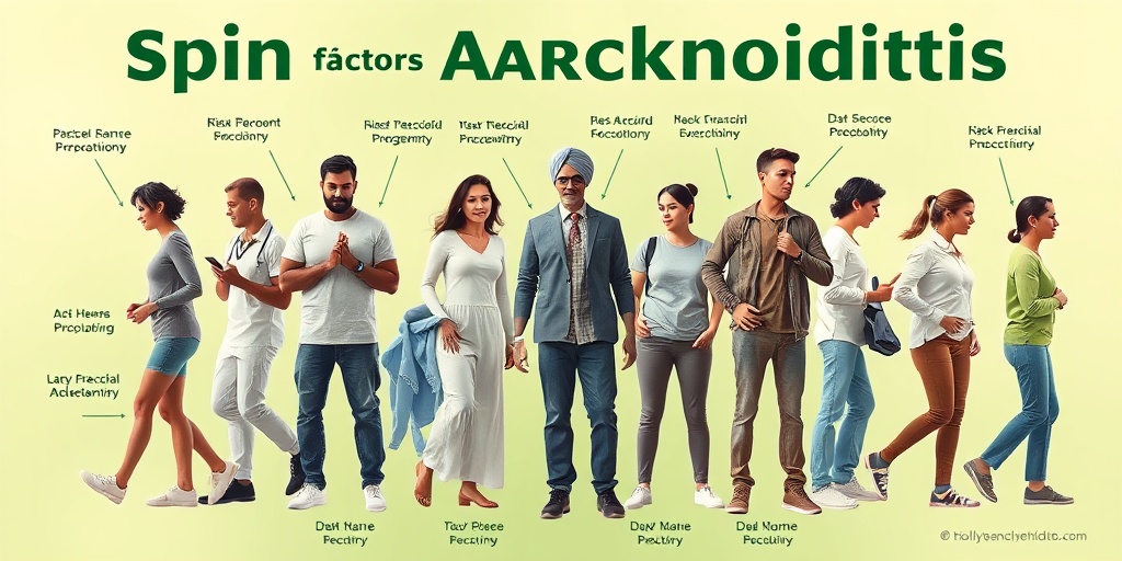 Diverse individuals illustrate risk factors for spinal arachnoiditis, showcasing activities linked to previous surgeries and trauma.  3.png