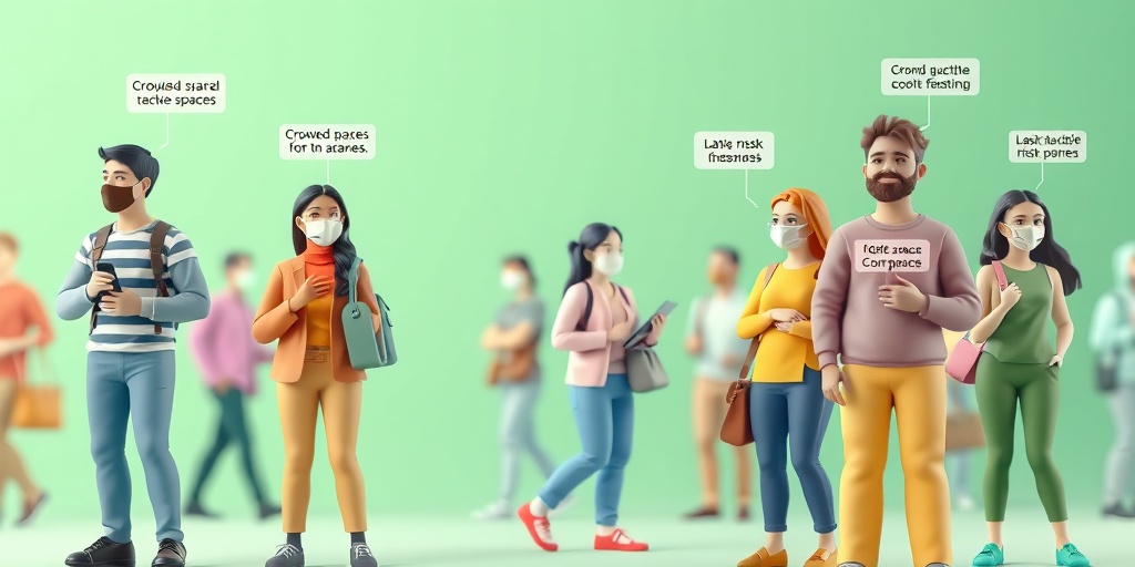 Diverse individuals in a community setting illustrate COVID-19 risk factors, emphasizing awareness and responsibility amidst health challenges.3.png