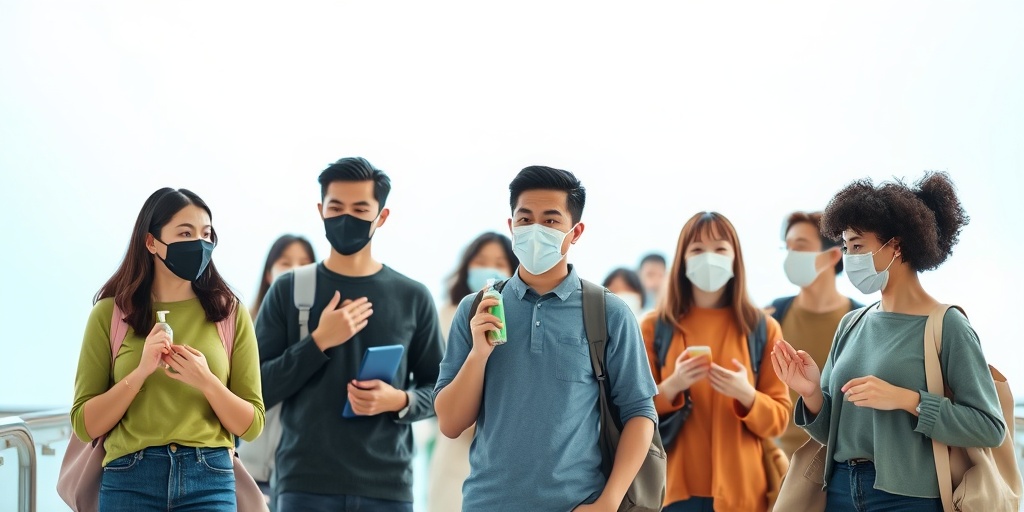 Diverse individuals practicing social distancing and wearing masks in a public space, promoting safety and health.  5.png