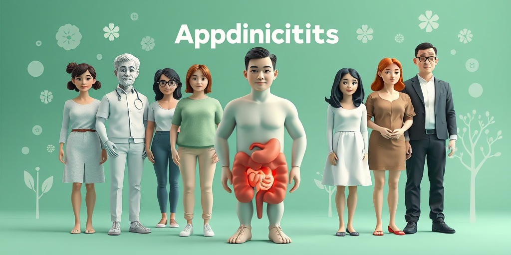 Diverse individuals represent appendicitis risk factors, with abstract symbols illustrating dietary habits and family history in the background.  3.png