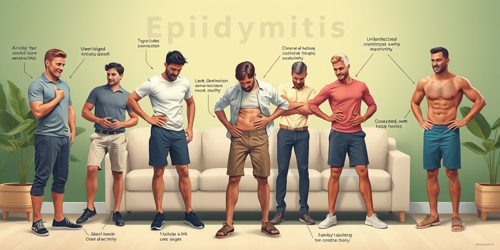 Diverse men engage in activities like sports, subtly indicating risk factors for epididymitis in a harmonious green and white setting.  3.png