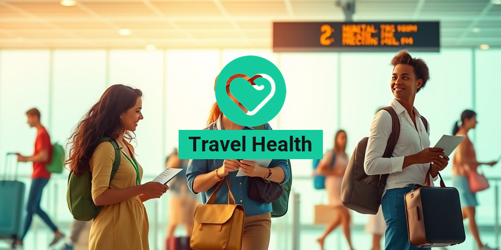 Diverse travelers consult health advisors at an airport, emphasizing health precautions in a vibrant, inviting atmosphere. • Yesil Health AI