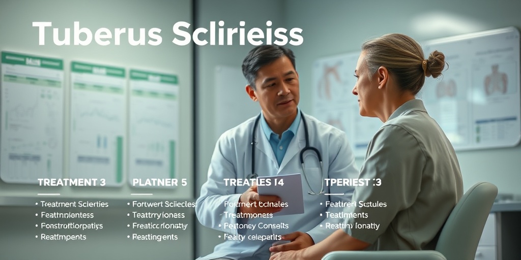 Healthcare professional explaining Tuberous Sclerosis treatment options to a patient in a modern clinic, emphasizing care. 4.png