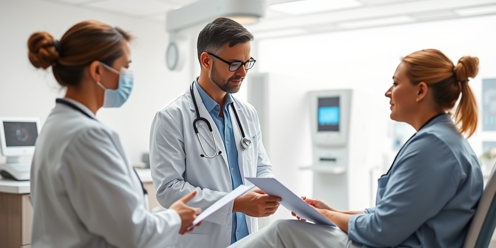 Healthcare professionals discussing clival chordoma treatment options in a modern facility, emphasizing advanced technology and care.  4.png