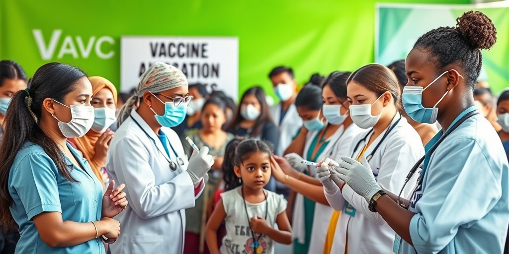 Healthcare workers administer vaccines in a lively community setting, highlighting unity and the positive impact of public health initiatives.  5.png