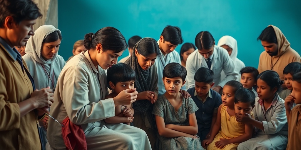 Historical smallpox vaccination campaign scene, featuring healthcare workers and children, symbolizing hope and progress.  3.png