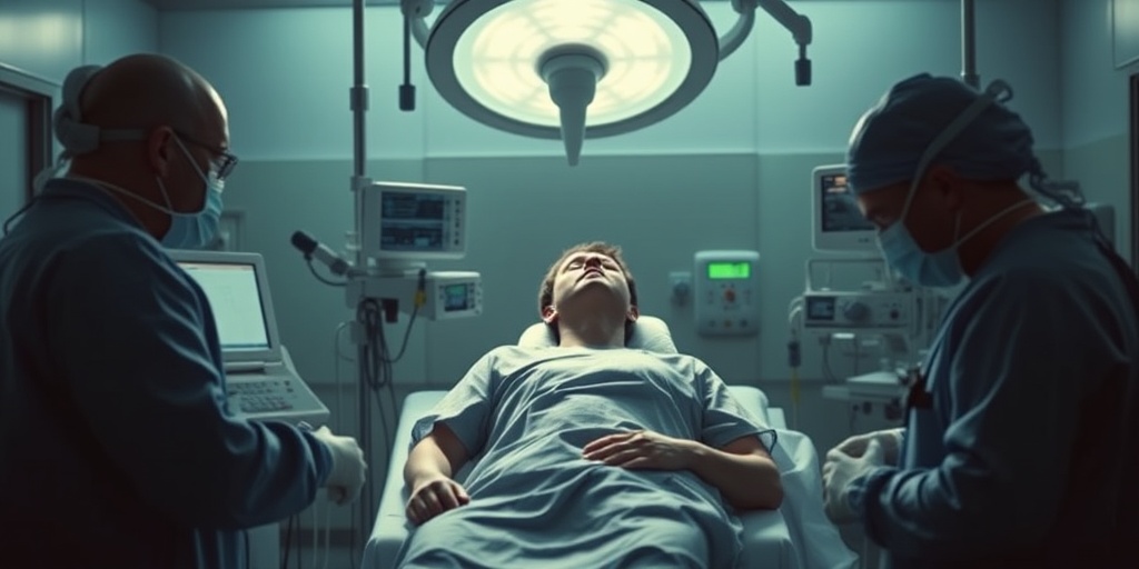 Hospital scene depicting a patient receiving treatment for complications, with medical professionals and advanced equipment surrounding them.  4.png