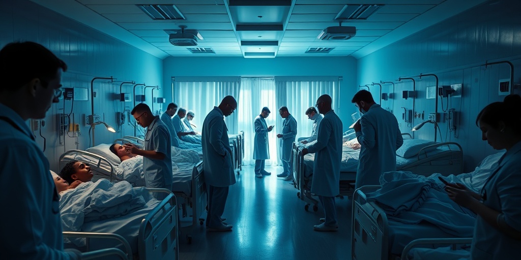 Hospital ward scene depicts patients facing complications from spinal meningitis, showcasing dedicated medical staff and a serious atmosphere.  4.png