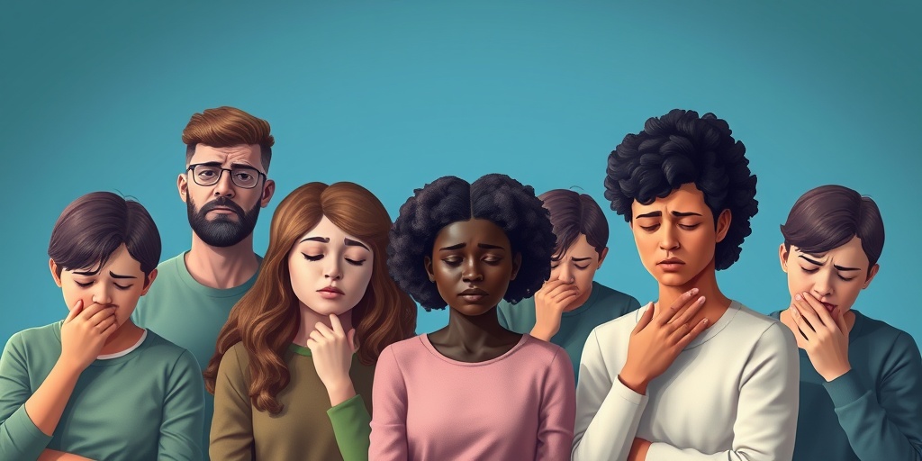 Individuals displaying coronavirus symptoms like coughing and fatigue, set against a calming blue background.  3.png