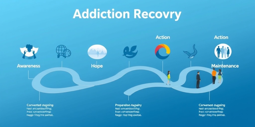 Interconnected pathways illustrate addiction recovery stages, emphasizing community support with uplifting imagery and a hopeful blue background.  2.png