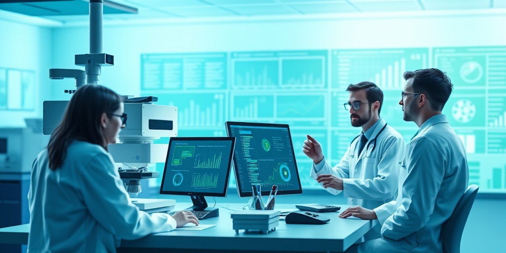 Scientists collaborate over advanced technology in a research lab, symbolizing innovation and hope for future breakthroughs.  5.png