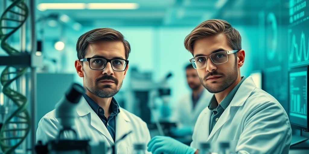 Scientists conduct genetic research on KTW Syndrome in a lab, surrounded by advanced equipment and illuminated by subtle blue lighting.5.png