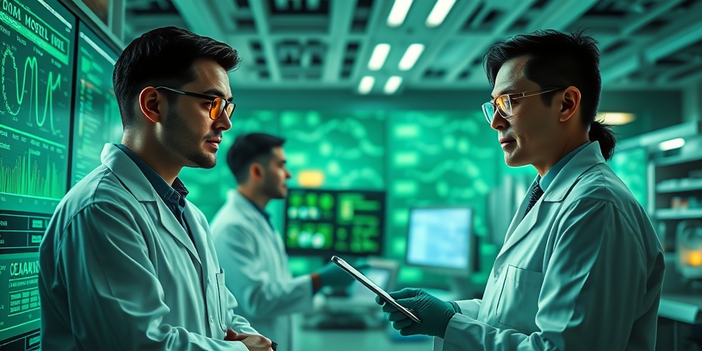 Scientists engage in advanced research in a futuristic lab, analyzing data and symbolizing hope for CML treatment advancements.  5.png