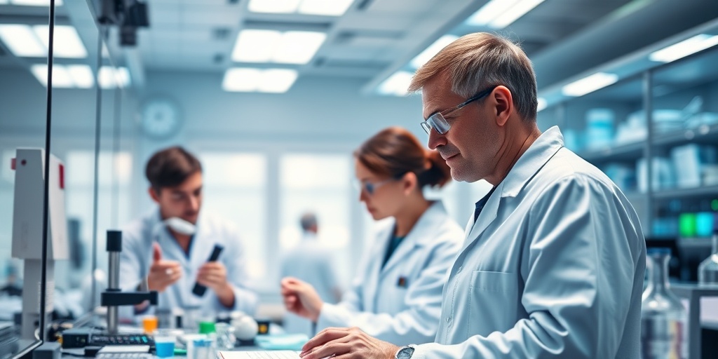 Scientists in a lab working on innovative therapies for malignant mesothelioma, emphasizing advanced technology and a hopeful future.  5.png