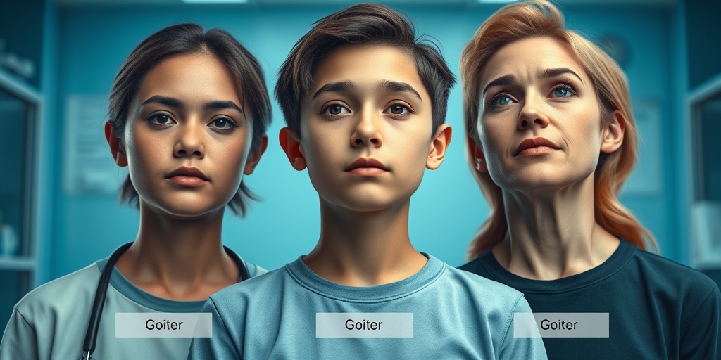 Three individuals of different ages showcase various goiter types in a modern medical facility. 4.png