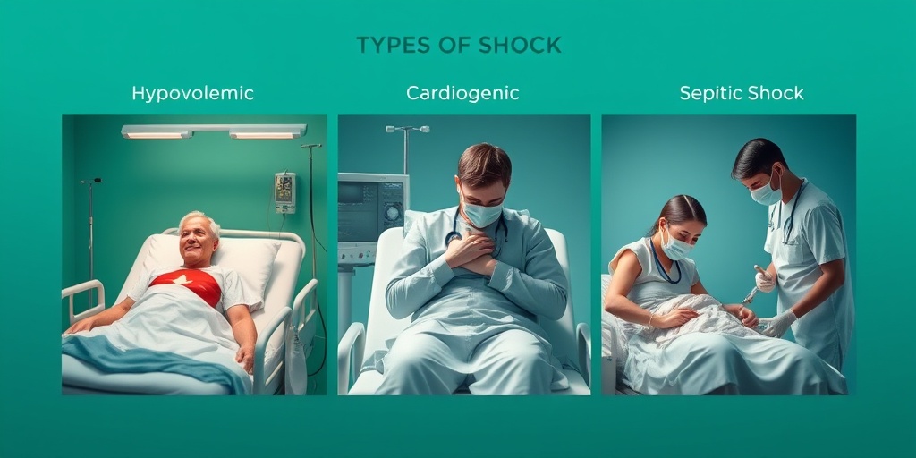 Three scenarios of shock are depicted, showcasing medical teams attending to patients in a clinical environment.  2.png