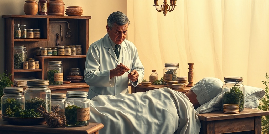 Vintage medical setting depicting smallpox treatment methods, with a doctor and herbal remedies in a serene atmosphere.  4.png