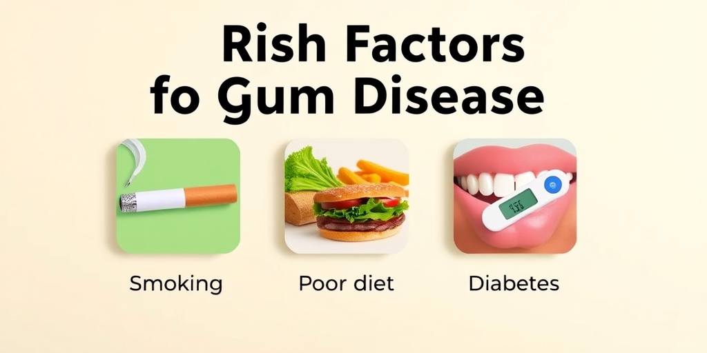 Visuals of gum disease risk factors like smoking and poor diet, presented with engaging symbols on a soft background.  3.png