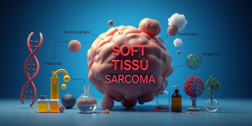 A 3D render illustrates genetic markers and environmental factors linked to soft tissue sarcoma, set against a blue background.  3.png