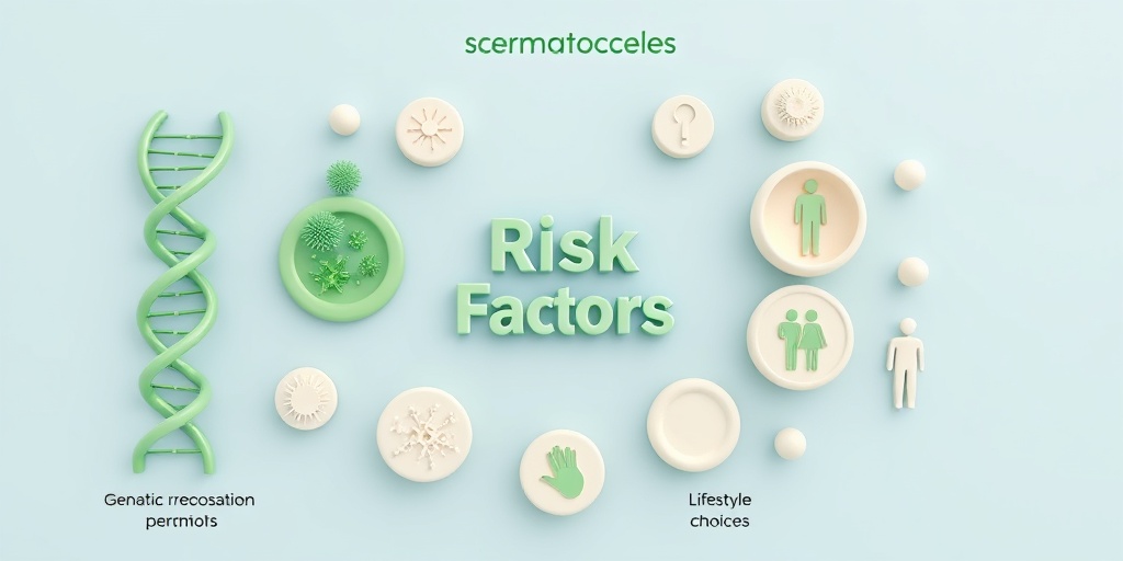 A 3D render illustrating spermatocele risk factors, featuring DNA strands, bacteria, and lifestyle icons in a vibrant palette.  3.png
