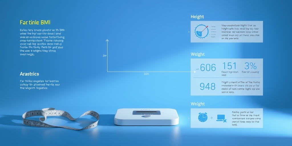 A 3D render of BMI calculation steps, featuring a measuring tape and scale against a tranquil blue background, enhancing educational value.  2.png