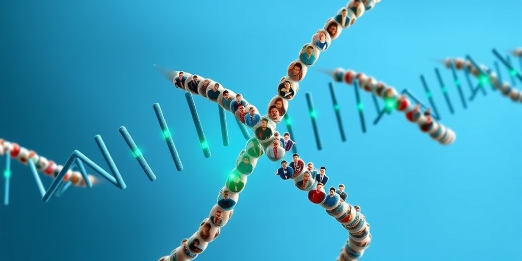 A 3D render of a DNA double helix intertwined with images of affected families, highlighting genetic links to Familial Primary Pulmonary Hypertension.  3.png