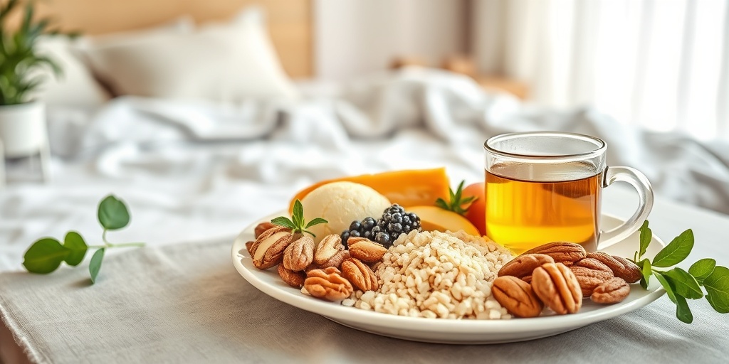 A beautifully arranged plate of healthy foods beside herbal tea, illustrating the connection between diet and sleep quality.4.png