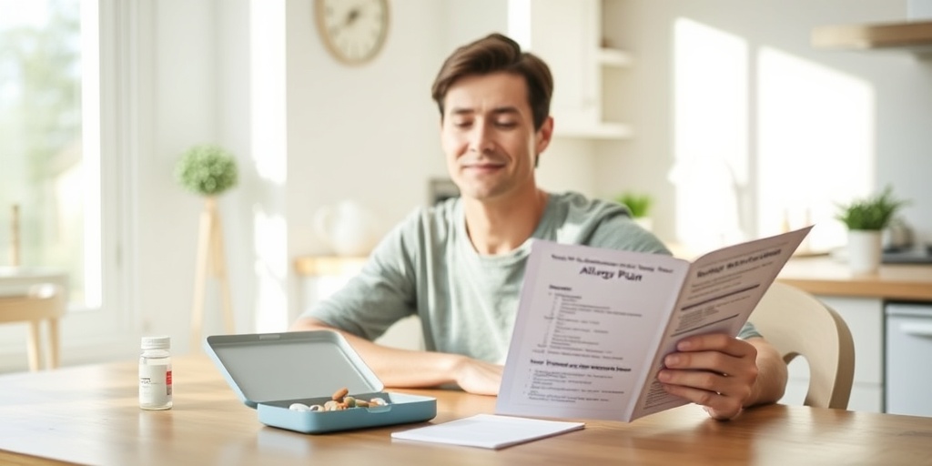 A calm individual manages drug allergies at a kitchen table, featuring an organized pillbox and allergy action plan in soft light. 4.png