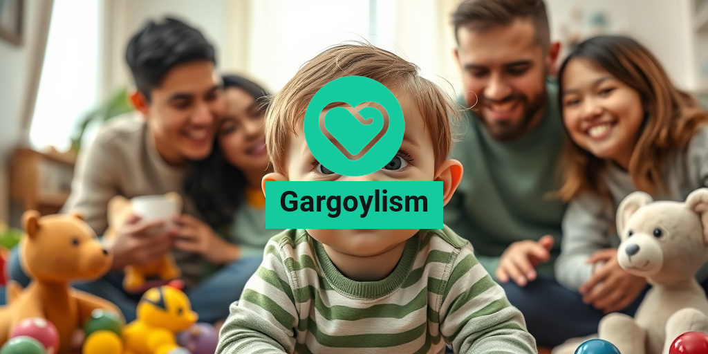 A child with gargoylism smiles in a toy-filled room, surrounded by supportive family members. • Yesil Health AI