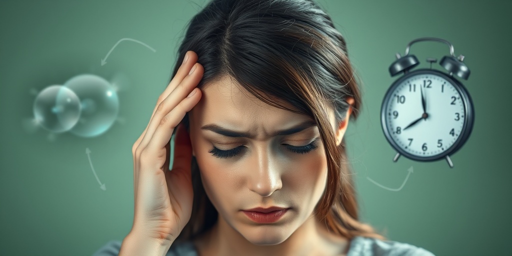 A close-up of a young woman with a furrowed brow, eyes closed, experiencing migraine symptoms in a calming environment.  2.png