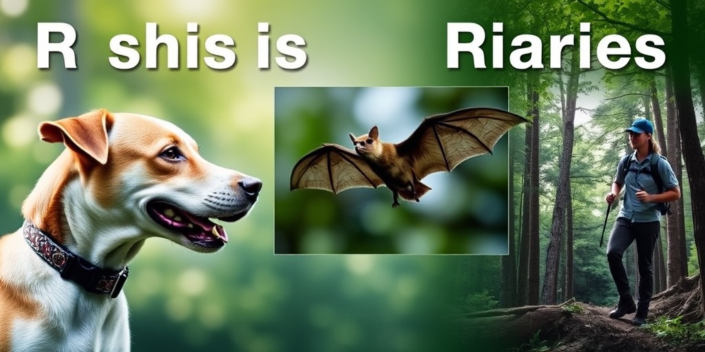 A collage of rabies risk factors, featuring a dog, bat, and hiker, set in harmonious green and blue tones.  3.png