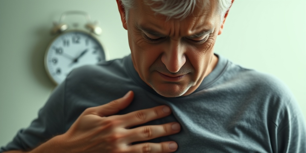 A concerned man holds his abdomen, expressing discomfort, with a clock symbolizing urgency in a calm green backdrop. 3.png