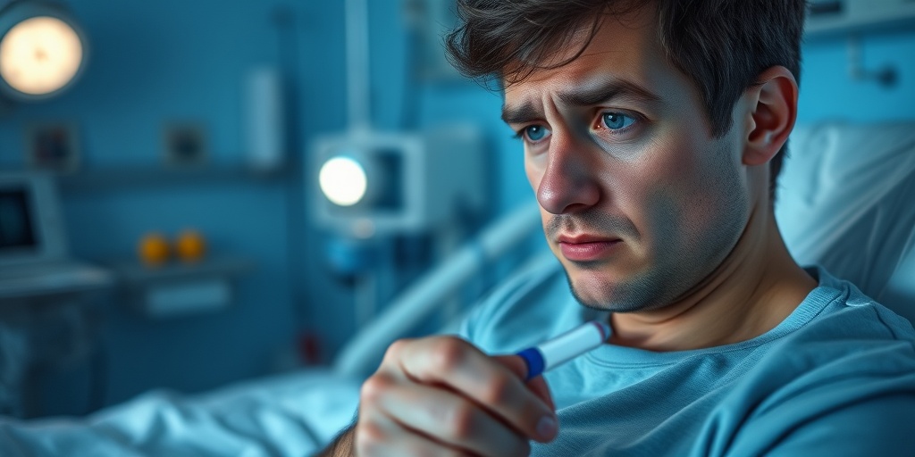A concerned patient holds a thermometer in a softly lit hospital room, reflecting on endocarditis symptoms.  2.png