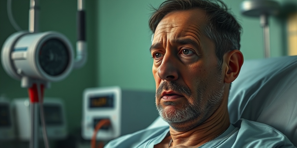 A concerned patient in a clinical setting, displaying symptoms of IgA Nephropathy, surrounded by medical equipment.  2.png