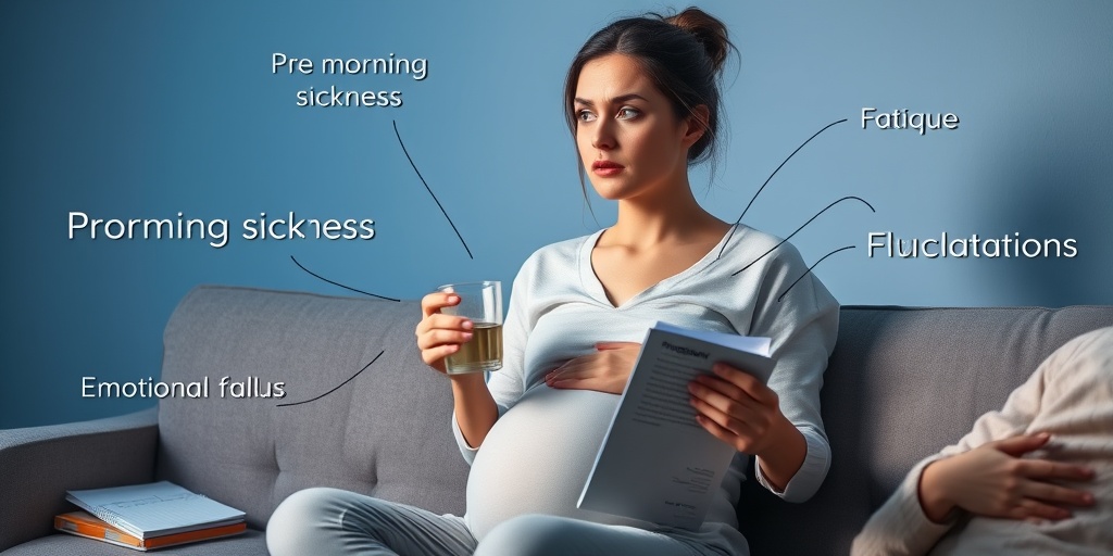 A contemplative pregnant woman facing common challenges, holding a glass of water in a soothing blue environment. 4.png