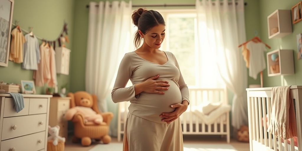 A cozy third trimester scene with a mother reflecting on her journey, surrounded by baby items in gentle colors. 3.png
