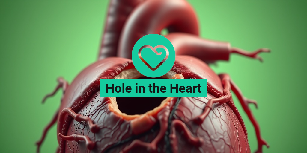 A detailed human heart with a visible hole, showcasing intricate anatomy against a soft green background. • Yesil Health AI
