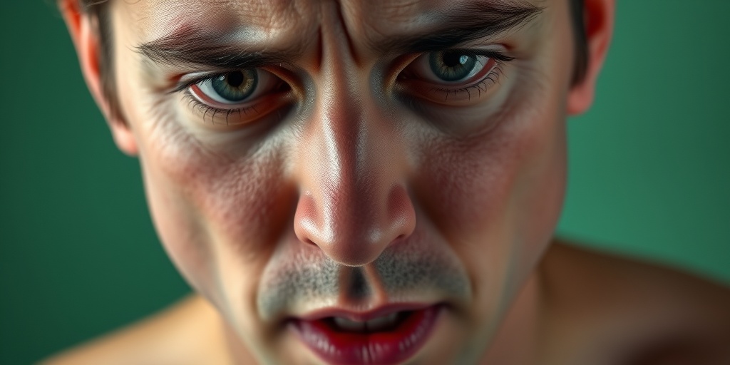 A distressed individual displays symptoms of an overactive thyroid, with expressive eyes and flushed skin against a calming green backdrop.  2.png