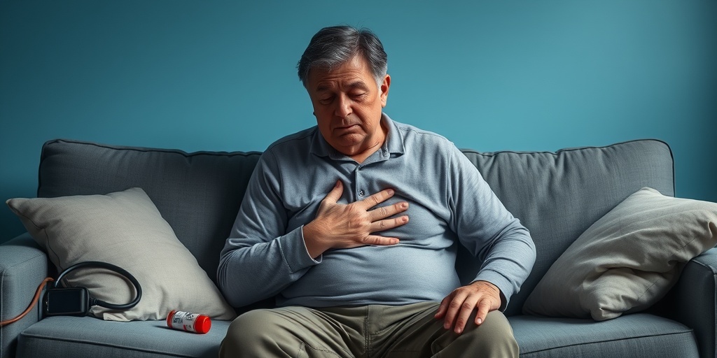 A distressed middle-aged person sits on a couch, holding their chest, surrounded by medical equipment in a calm blue setting.  2.png