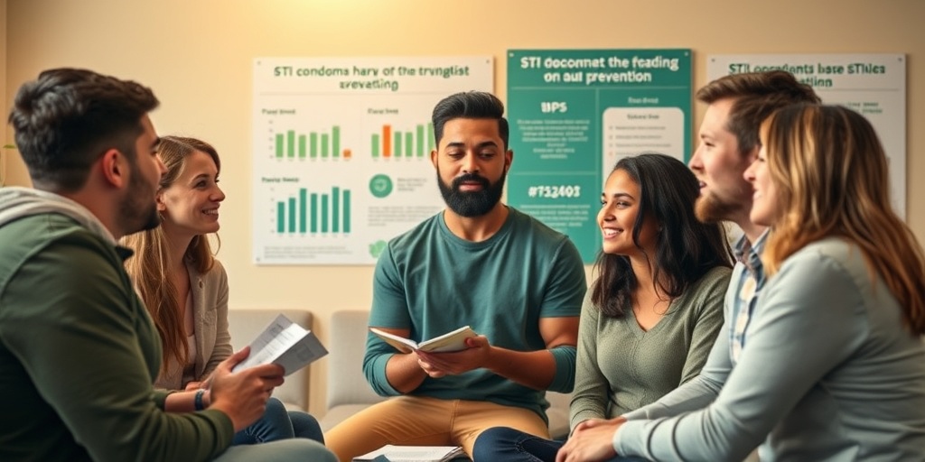 A diverse group discussing condom use and STI prevention, fostering community understanding in a warm, inviting atmosphere.  5.png