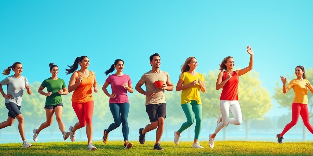 A diverse group enjoys healthy activities in a park, promoting heart health against a serene blue background, radiating positive energy.  5.png