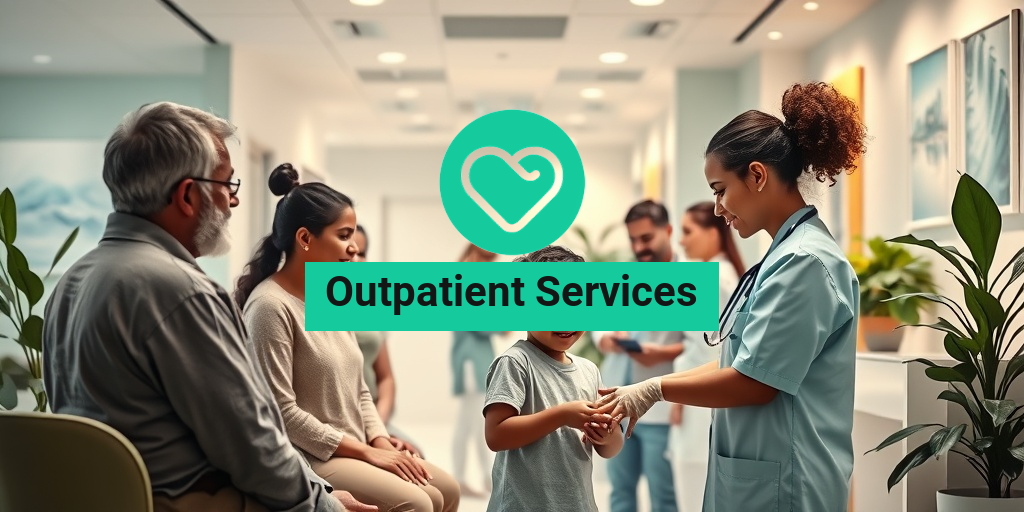 A diverse group of patients interacts warmly with healthcare professionals in a serene outpatient clinic. • Yesil Health AI