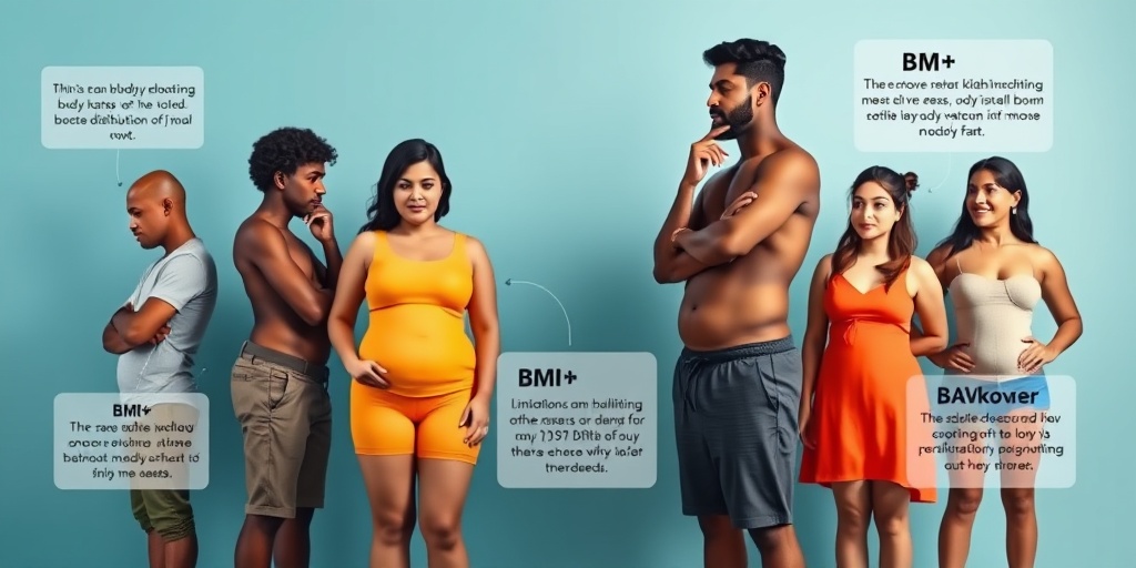 A diverse group reflecting on health journeys, with infographics illustrating BMI limitations in a calm blue atmosphere, fostering understanding.  4.png