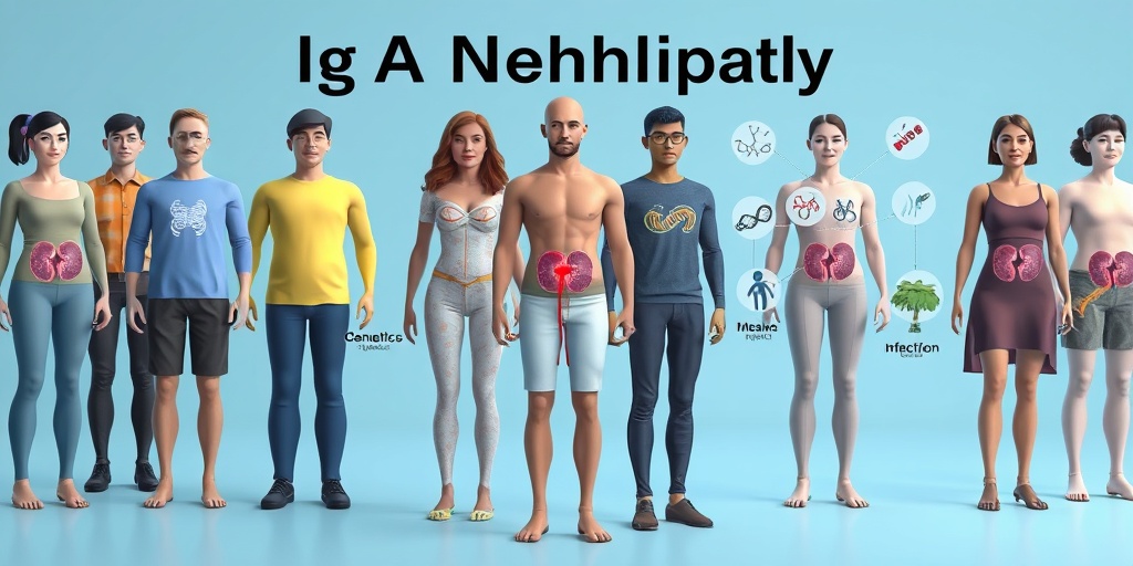 A diverse group representing IgA Nephropathy risk factors, illustrated with visual symbols against a serene blue background.  3.png