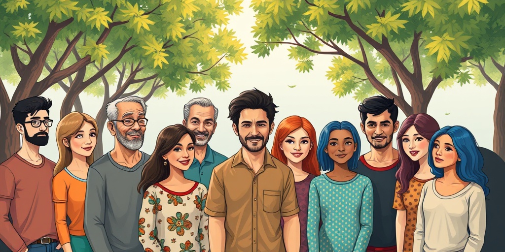 A diverse group with genetic disorders gathers in a serene park, symbolizing unity and hope.5.png