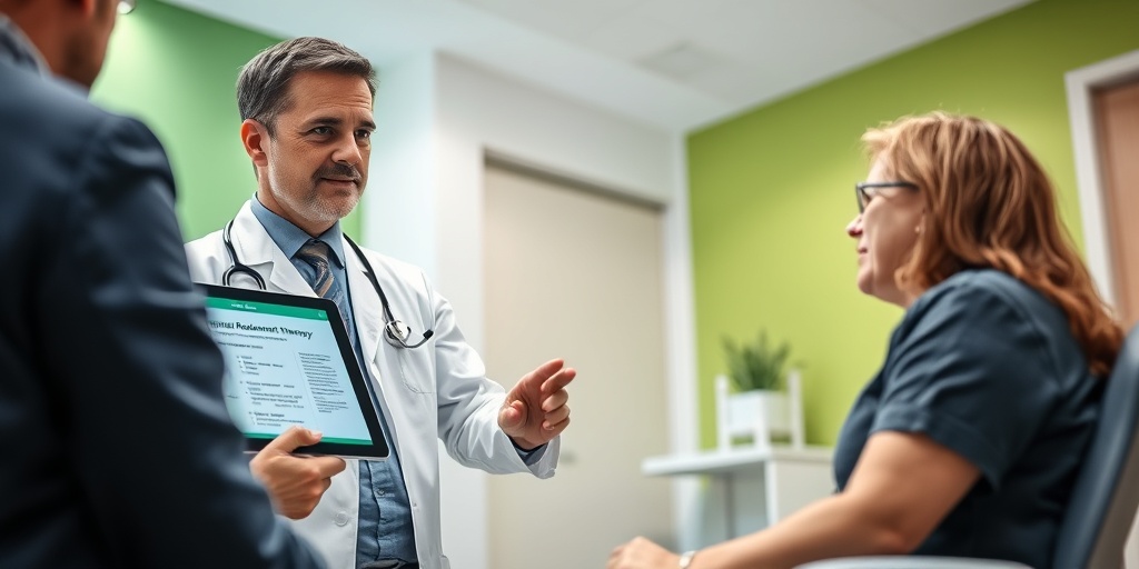 A doctor discusses enzyme replacement therapy with a patient in a bright, welcoming clinic.4.png